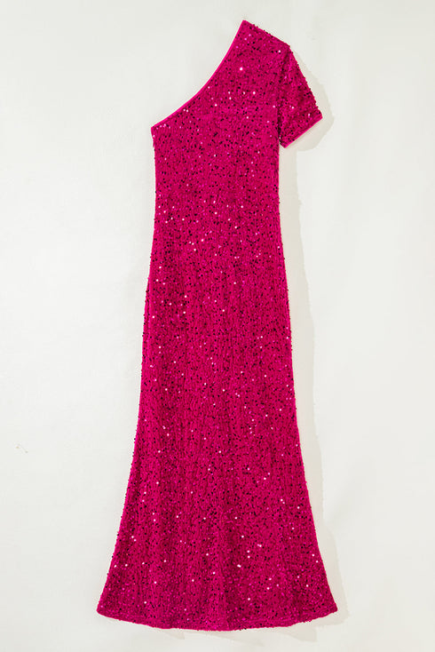 Sequin One Shoulder Thigh High Slit Bodycon Gown
